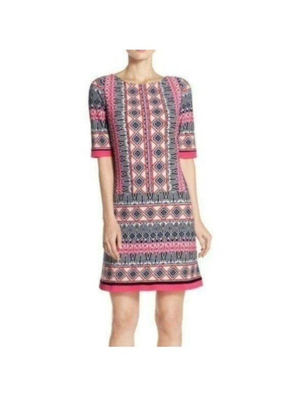 Eliza J Women's Size 8 Pink Blue Scoop Neck 1/2 Sleeve Knit Mini Dress